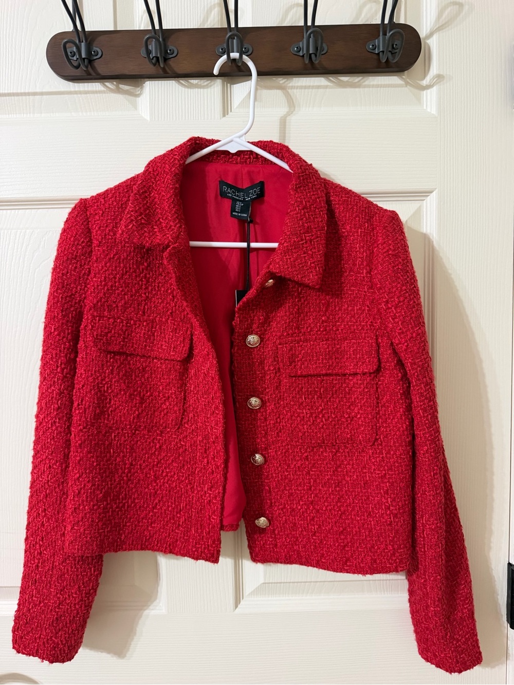 RACHEL ZOE Vibrant Red Tweed Blazer with Gold Buttons